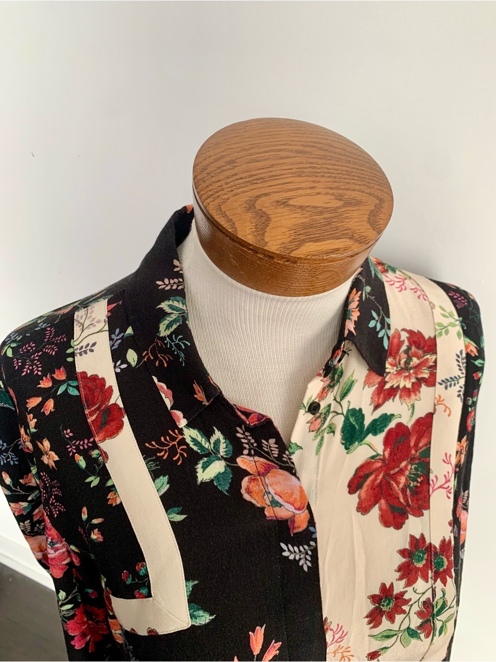 Maje Black Floral Patchwork Button-Down Blouse with Cream Panels - Picture 4 of 7